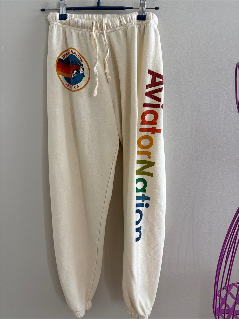 Aviator Nation Cream Sweatpants with Rainbow Logo